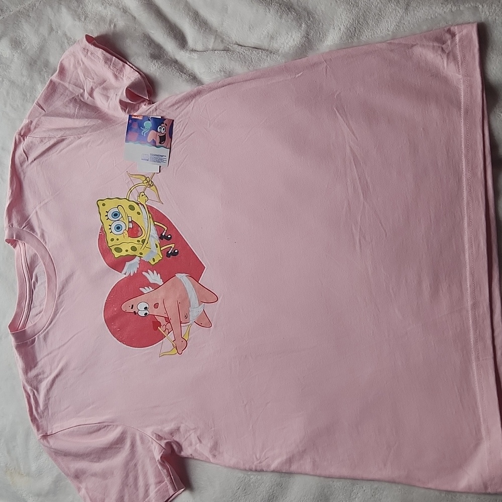 Men's Valentines, Spongebob And Patrick, Cupid Heart, Pink T-Shirt Color Sz L
